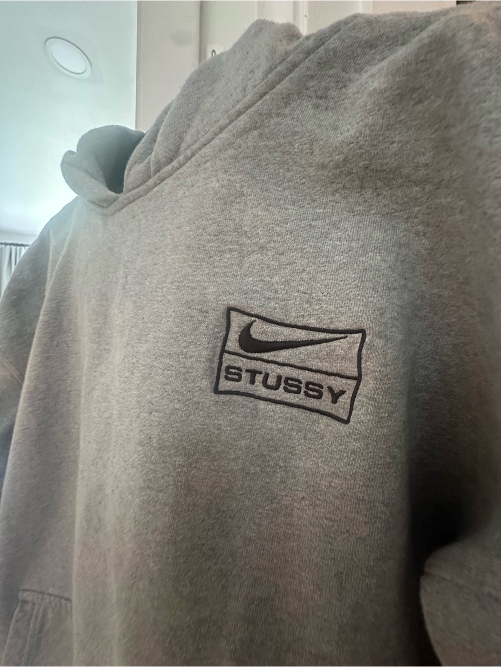 Stüssy x Nike Gray Embroidered Hoodie Size L Oversized Streetwear Sweatshirt